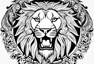 arm sleeve. for a man. tribal tattoo style, symmetric, white background. Include a realistic lion tattoo idea