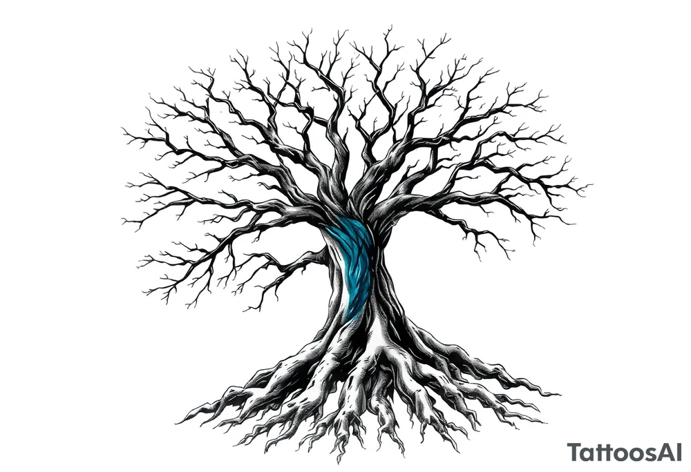 Black and white Tree with roots. Blue water inside the whole tree like many thin veins tattoo idea