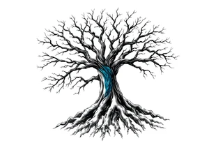 Black and white Tree with roots. Blue water inside the whole tree like many thin veins tattoo idea