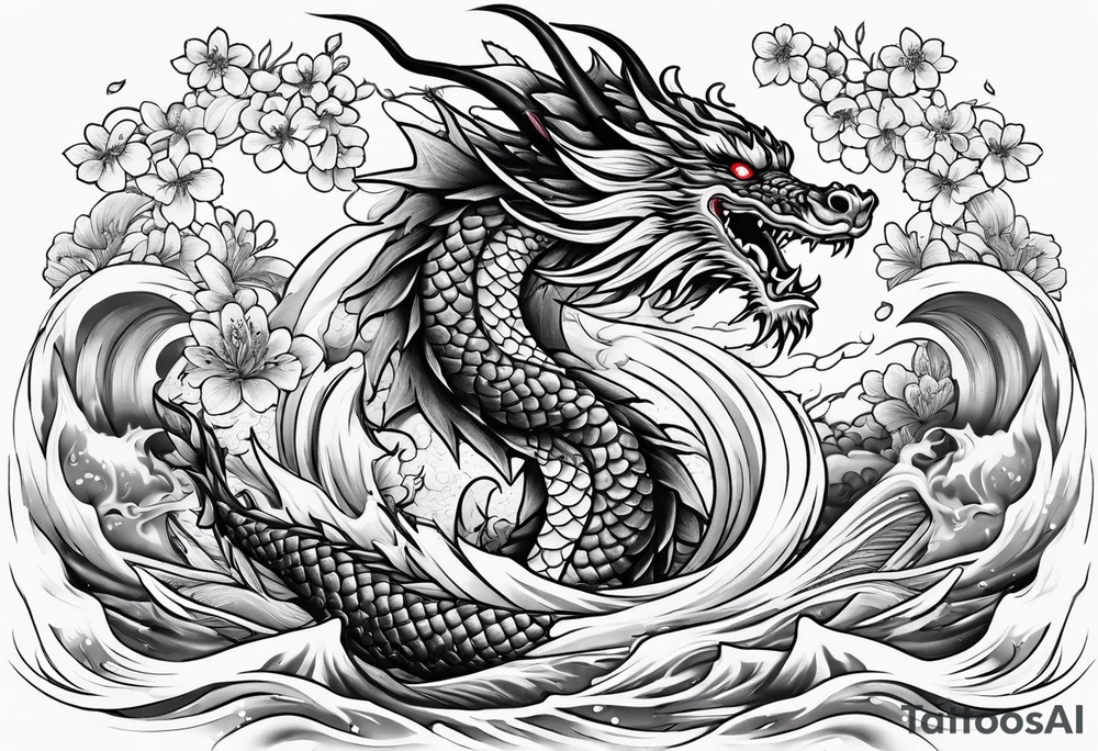 Majestic dragon in waves and cherry blossoms tattoo idea