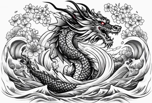 Majestic dragon in waves and cherry blossoms tattoo idea