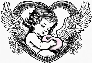 Baby Angel holding heart, side way flying with name Leah. For chest tattoo on left pec tattoo idea