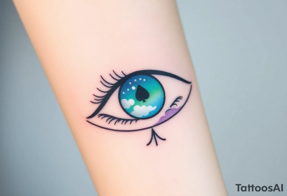 Large outline of an eye shaped like an almond with eye colored greenish blue with long pretty black eyelashes + spade symbol  for the eyeball inside of the eye + a crescent moon stars and clouds inside of the eyeball only + using vivid colors like blue green purple light blue light green light purple tattoo idea
