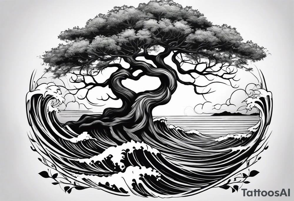 tree with roots growing around calming waves tattoo idea