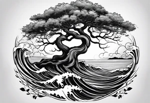 tree with roots growing around calming waves tattoo idea