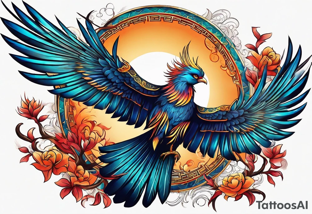 phoenix, 
chinese,
realistic, 
long tail,
elegant,
wing tips pointing down,
long neck,
long feathers,
in flight,
graceful, tattoo idea
