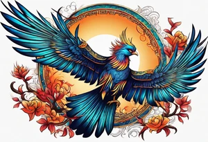 phoenix, 
chinese,
realistic, 
long tail,
elegant,
wing tips pointing down,
long neck,
long feathers,
in flight,
graceful, tattoo idea