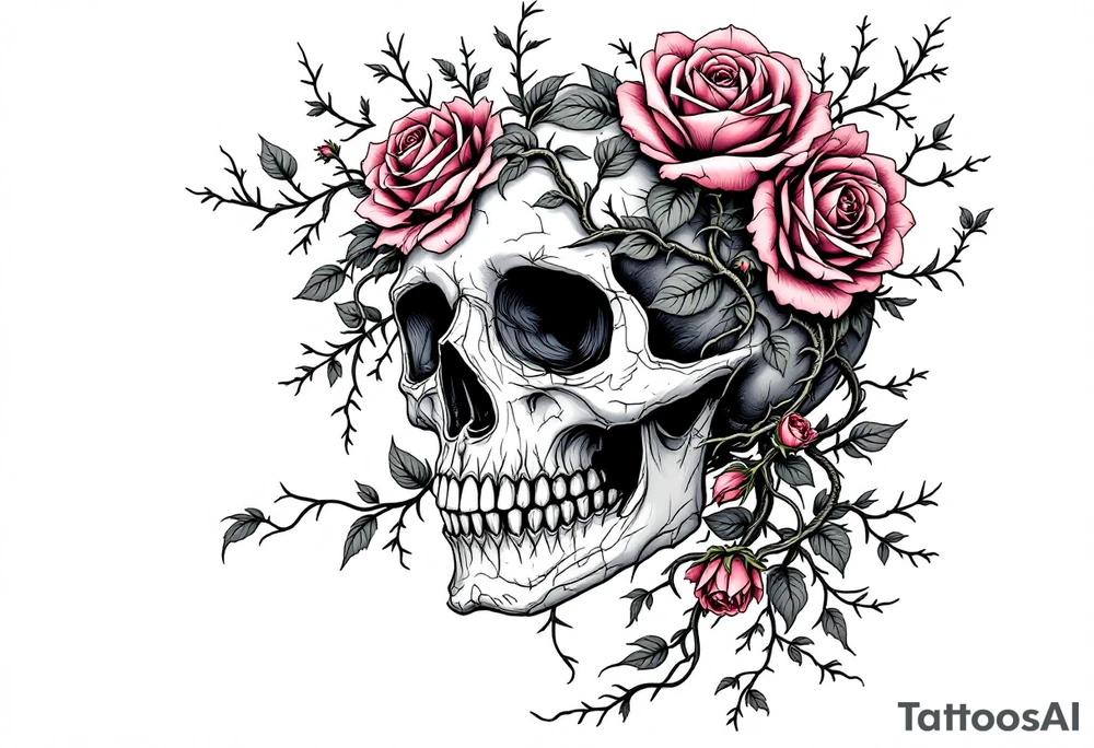 gothic skull intertwined with climbing roses and thorny vines tattoo idea