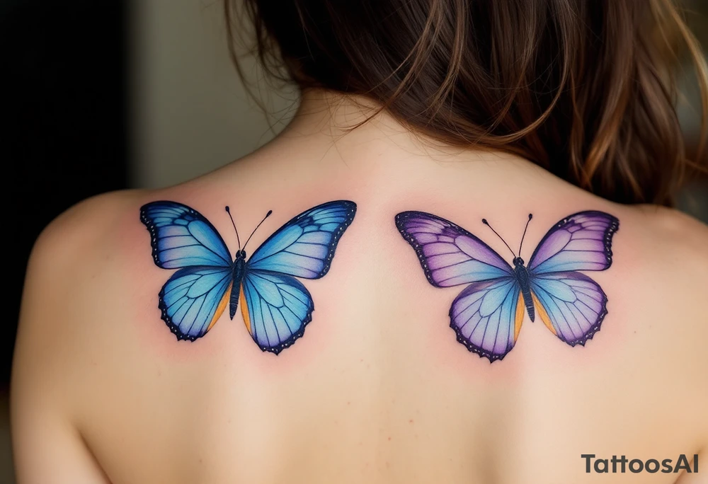 One has a half butterfly wing in shades of blue and violet, the other the mirrored wing, completing the butterfly across both bodies. tattoo idea