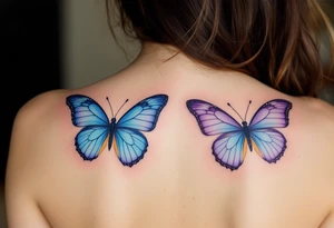 One has a half butterfly wing in shades of blue and violet, the other the mirrored wing, completing the butterfly across both bodies. tattoo idea