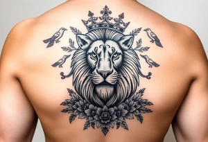 powerful majestic lion with a crown, surrounded by floral ornaments and birds tattoo idea