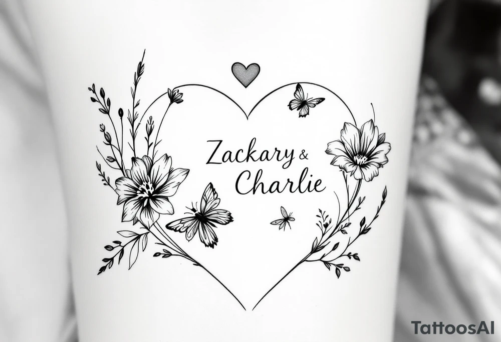 Flowers, heart and buttherfly with name Zackary and Charlie tattoo idea