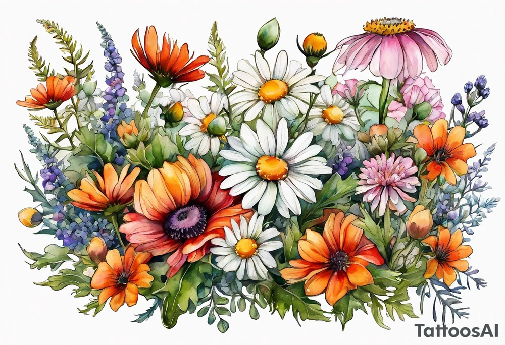 wildflowers with thistles, ferns, white anemones, sun flowers, orange flowers, pink flowers, red flowers, babys breath and daisies all in watercolor tattoo idea