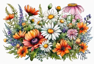 wildflowers with thistles, ferns, white anemones, sun flowers, orange flowers, pink flowers, red flowers, babys breath and daisies all in watercolor tattoo idea