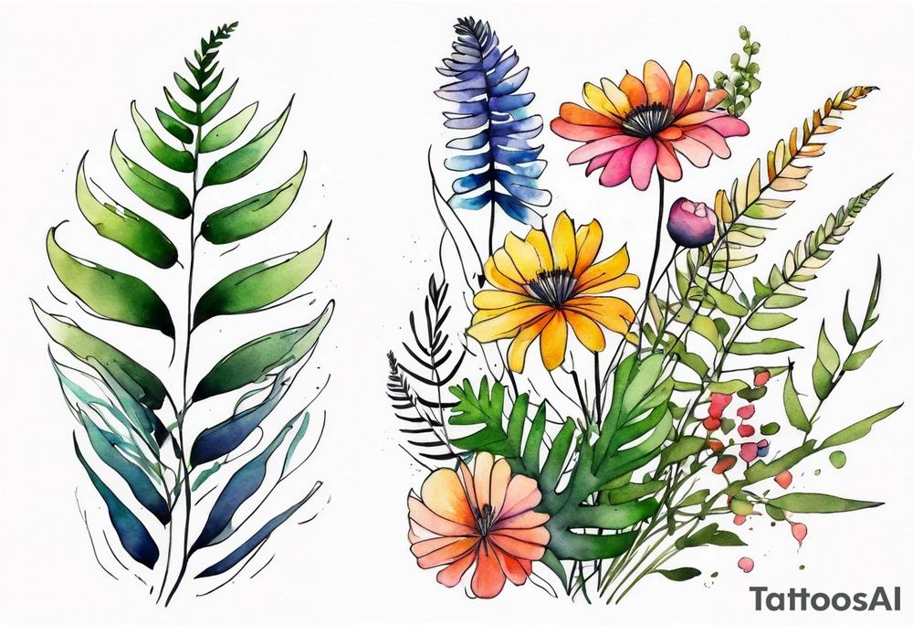 Multi colored wild flowers long stems bouquet with ferns all watercolor tattoo idea