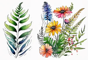 Multi colored wild flowers long stems bouquet with ferns all watercolor tattoo idea