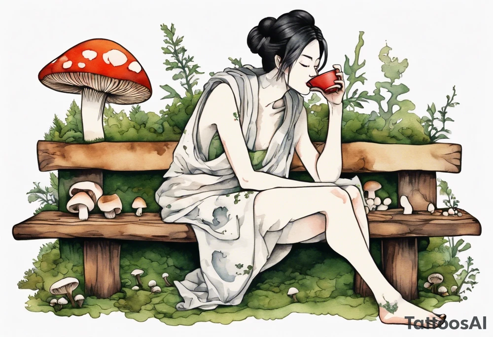 a person made out of mushrooms and moss sitting on a bench by a fireplace drinking from a wood cup, laughing tattoo idea