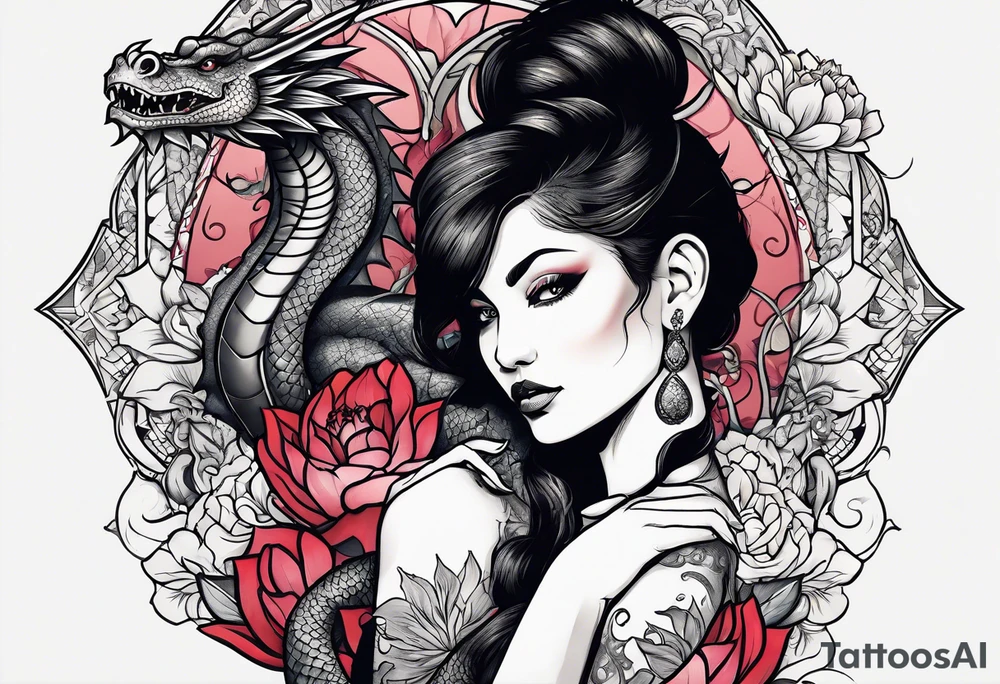 A woman with a dragon tattoo on her arm, holding a lotus flower. tattoo idea