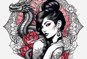 A woman with a dragon tattoo on her arm, holding a lotus flower. tattoo idea