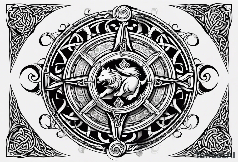 Celtic styling, anchor, compass, bass clef note, treble clef note, dog paw print, half sleeve, forearm tattoo idea