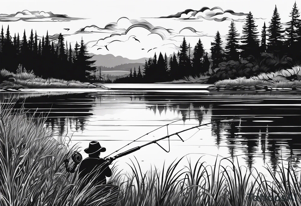 Fishing rod on a lake bank
do not put a fish in the picture fine line silhouette tattoo idea