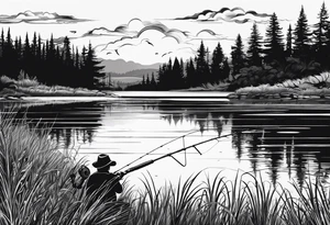 Fishing rod on a lake bank
do not put a fish in the picture fine line silhouette tattoo idea