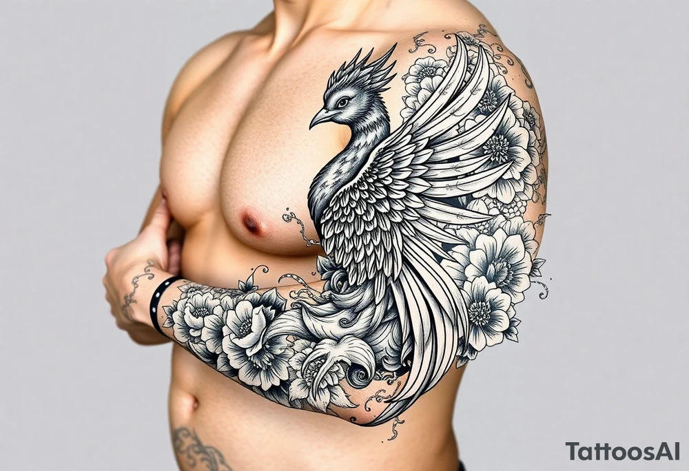 powerful majestic japanese phenix surrounded by floral ornaments tattoo idea