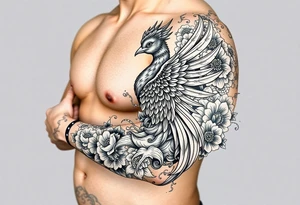 powerful majestic japanese phenix surrounded by floral ornaments tattoo idea
