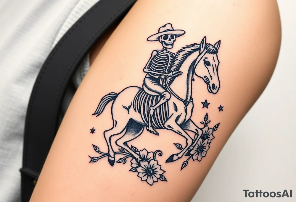 cowboy skeleton riding a horse skeleton on bicep, Fill with (stars, dots, and flowers) tattoo idea
