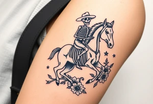 cowboy skeleton riding a horse skeleton on bicep, Fill with (stars, dots, and flowers) tattoo idea