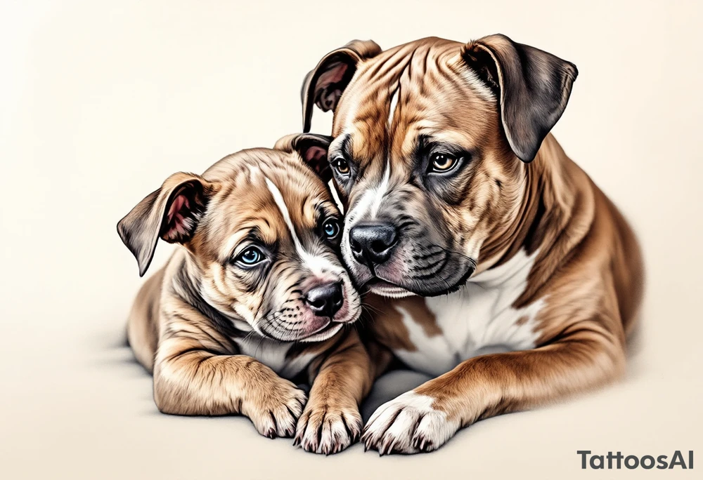 Pitbull mom and pup cuddling, warm brown tones with soft blending, delicate linework around eyes and noses for emotion. tattoo idea