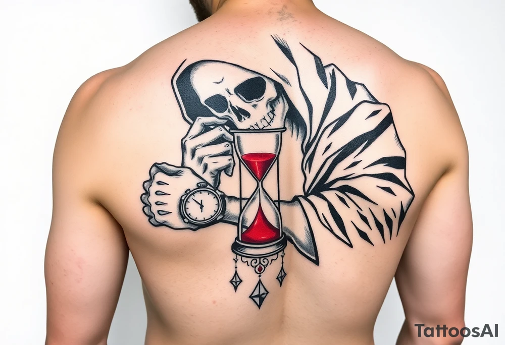Simple grim reaper looking at a watch on his wrist with a hourglass with red sand and diamond geometric shapes for the thigh tattoo idea