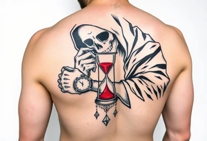 Simple grim reaper looking at a watch on his wrist with a hourglass with red sand and diamond geometric shapes for the thigh tattoo idea