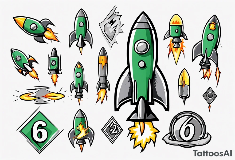 Simple cartoon rocket in green, gray, yellow, blue

Fire coming out the rocket

Black ring around the rocket with 26.2 written at the 10 o'clock position tattoo idea