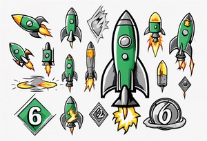 Simple cartoon rocket in green, gray, yellow, blue

Fire coming out the rocket

Black ring around the rocket with 26.2 written at the 10 o'clock position tattoo idea
