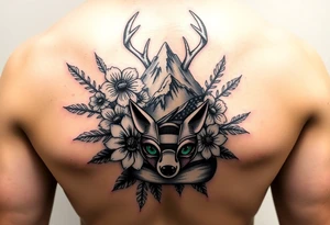 vintage bouquet of flowers , deer prints, river flower through a mountain with green eyes in it American flag wrapped around arm vintage car parts incorporated tattoo idea
