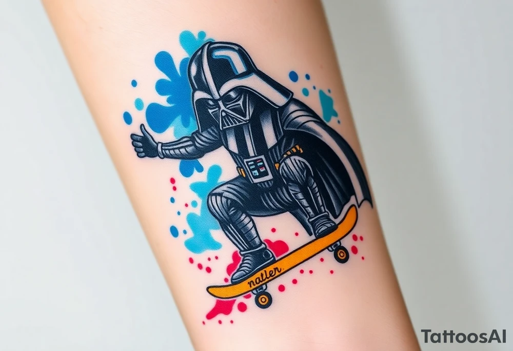 Darth Vader skateboarding > in heaven > bullets
blue. red. yellow.
skateboard words "Darth Carter"
add date 12/29/88-01/06/24 tattoo idea