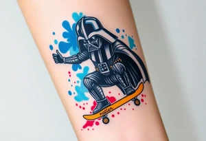 Darth Vader skateboarding > in heaven > bullets
blue. red. yellow.
skateboard words "Darth Carter"
add date 12/29/88-01/06/24 tattoo idea
