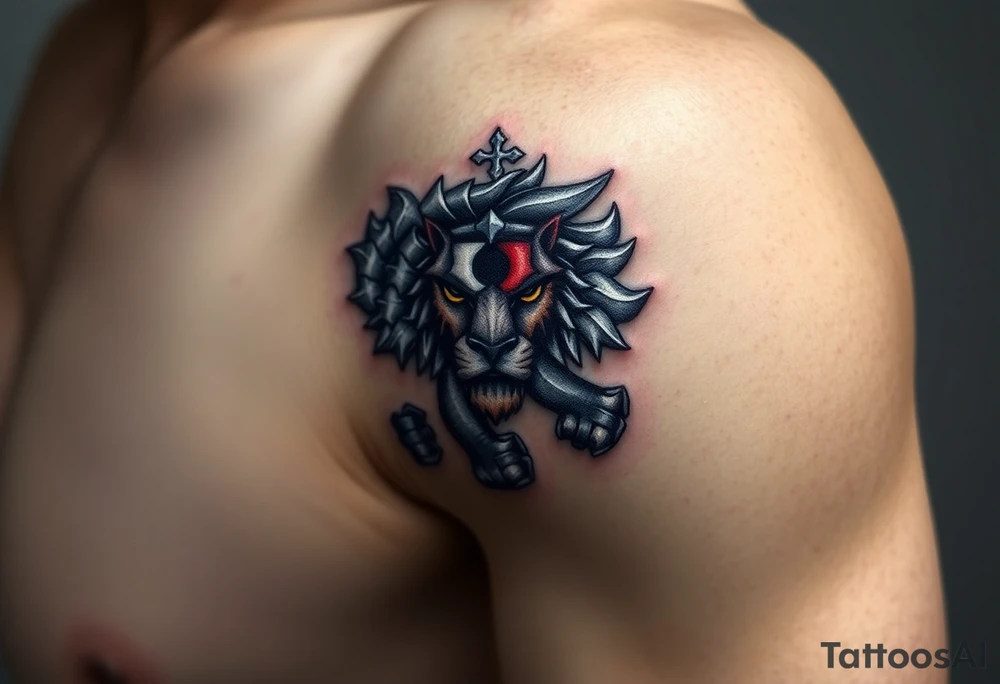 A medieval-style Czech lion emblem, with silver armor details and subtle red and blue highlights. tattoo idea