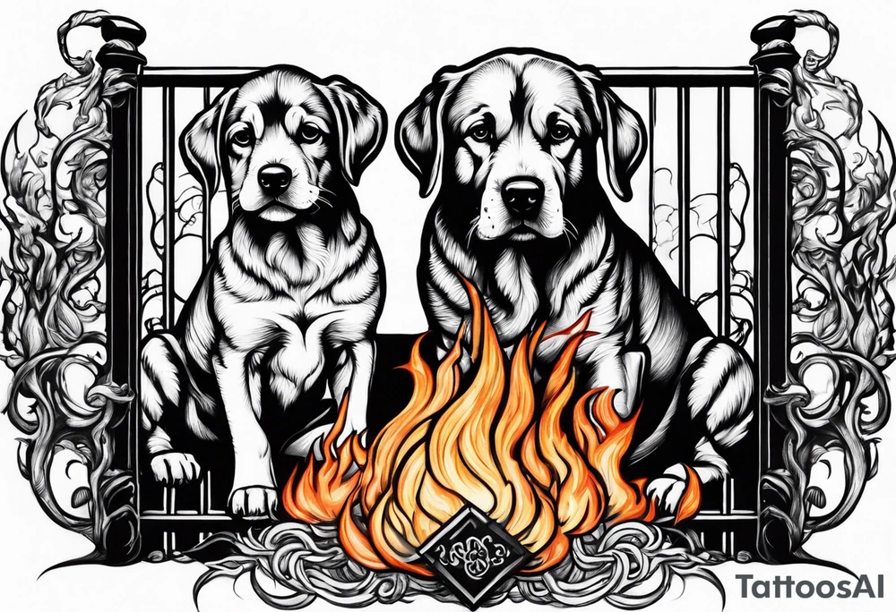 A three headed dog standing in fire with a black gate behind tattoo idea A three headed dog standing in fire with a black gate behind tattoo idea