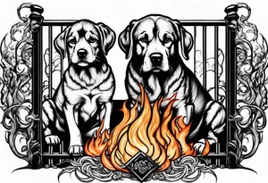 A three headed dog standing in fire with a black gate behind tattoo idea