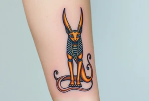 A golden Anubis with piercing ice-blue eyes, standing at the gates of the underworld, surrounded by swirling desert sand tattoo idea