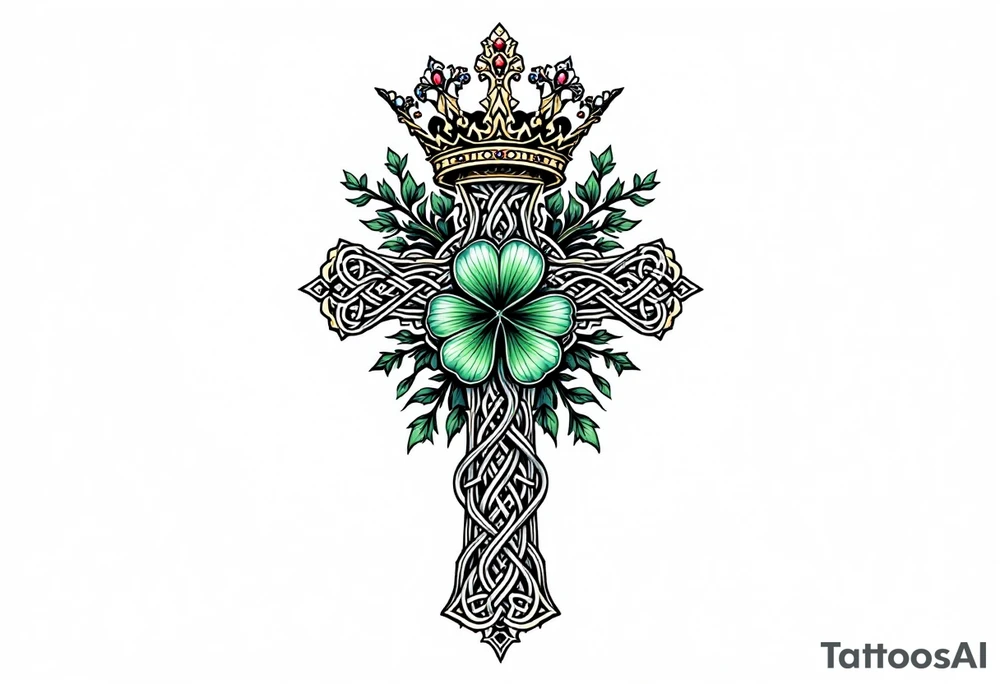 Celtic cross tattoo featuring intricate knotwork patterns along the arms and base of the cross. At the heart of the cross, place a vibrant four-leaf clover, its leaves shaded with subtle gradients of green, symbolizing luck and unity. Above the cross, incorporate a regal crown adorned with ornate details, such as small gemstones or filigree, to signify authority and strength. Behind the cross add more celtic knots and a celtic tree of life tattoo idea