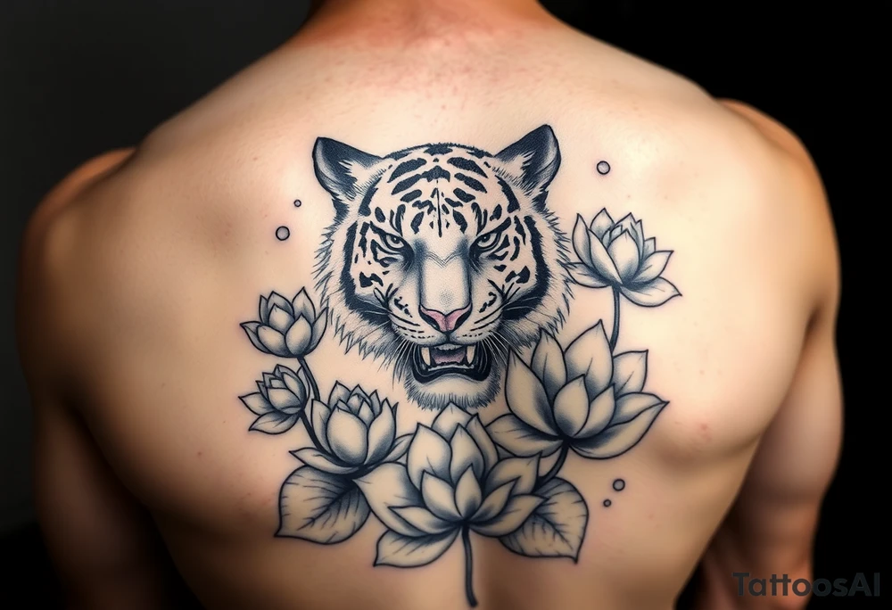 fierce tiger emerging through blooming lotus flowers in mist tattoo idea