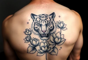 fierce tiger emerging through blooming lotus flowers in mist tattoo idea