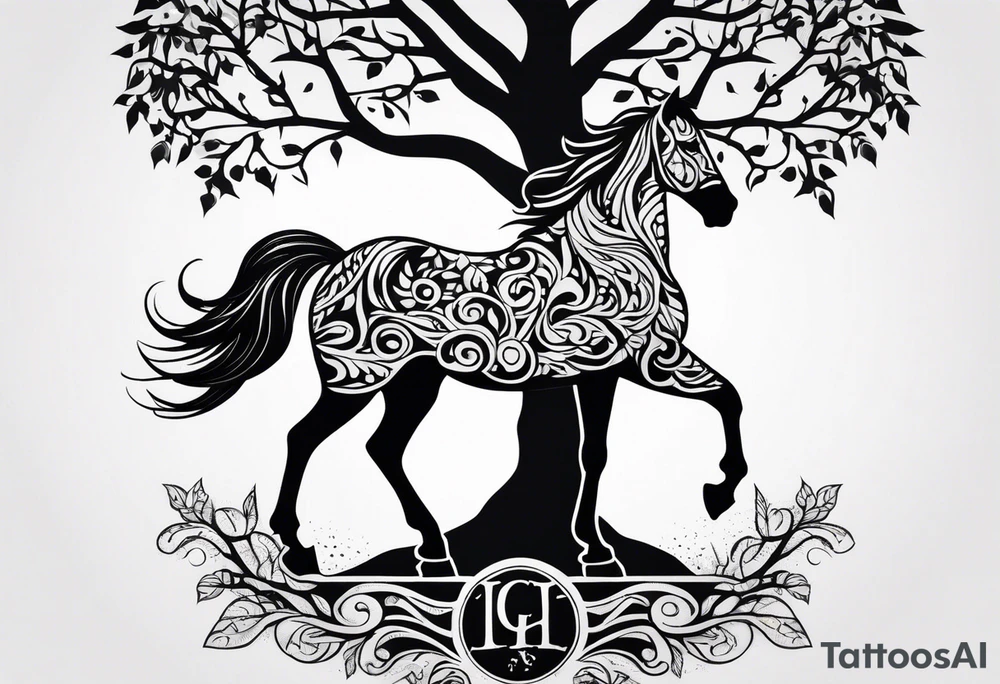 Realistic Horse and Yggdrasil tree tattoo idea