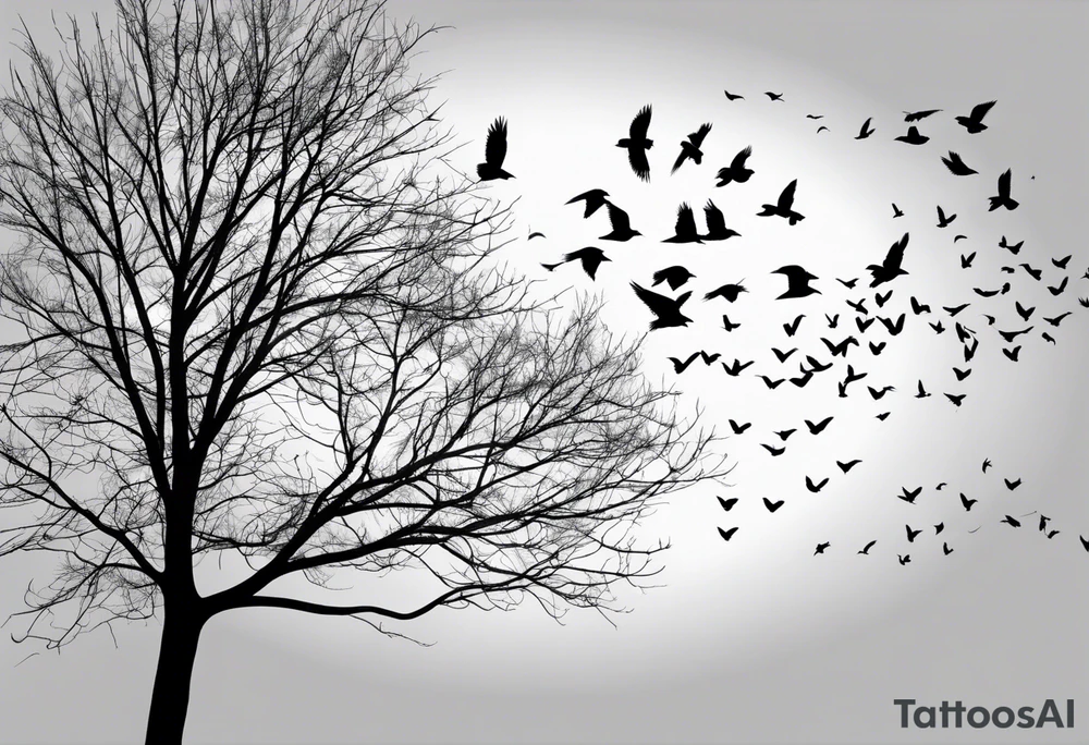Leafless tree with a mix of birds and black birds flying by it. Make it skinnier with no leaves and just branches. Make the branches not go out as far tattoo idea