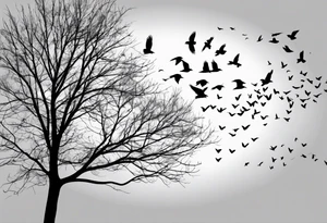 Leafless tree with a mix of birds and black birds flying by it. Make it skinnier with no leaves and just branches. Make the branches not go out as far tattoo idea