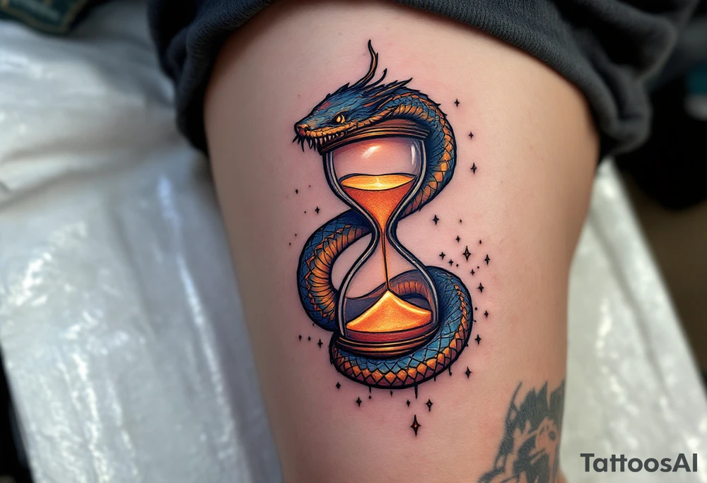 An ouroboros (snake eating its tail) wrapped around a glowing hourglass, with golden sand shifting, representing time’s role in karmic balance. tattoo idea