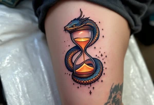 An ouroboros (snake eating its tail) wrapped around a glowing hourglass, with golden sand shifting, representing time’s role in karmic balance. tattoo idea